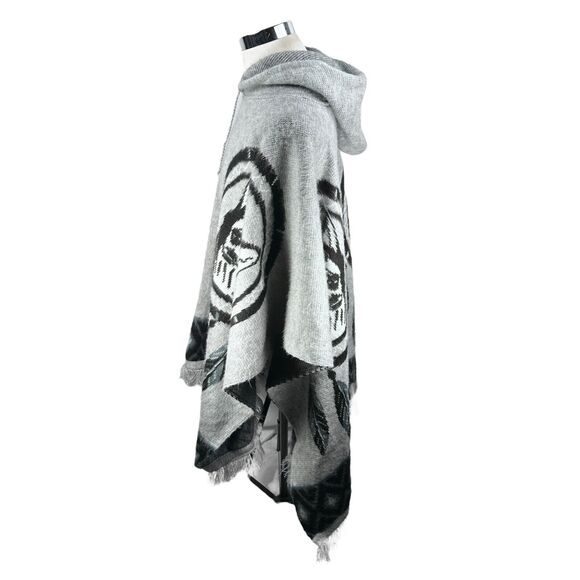 Tejidos Ruminahui Wolf Dreamcatcher Alpaca Wool Poncho Hoodie Mens XL Gray Black - Picture 4 of 9